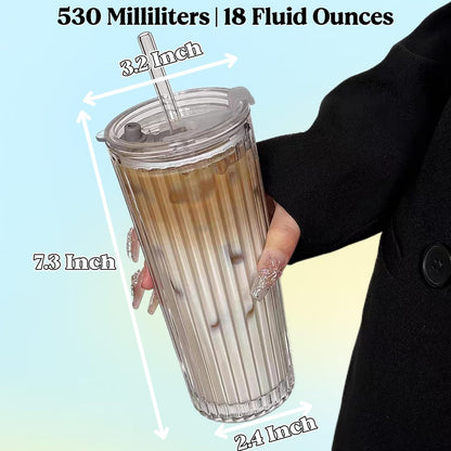 Tall Vertical Ribbed Glass Tumbler with Lid and Straw, 530ml Large Capacity Clear & Smoke Gray Drinking Cup for Iced Coffee, Latte, Water, Home Office Daily Use (RIB-GLASS-TUMBLER-SMOKEGRAY)