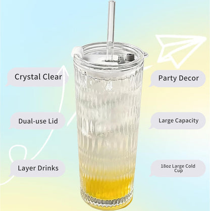 Tall Vertical Ribbed Glass Tumbler with Lid and Straw, 530ml Large Capacity Clear & Smoke Gray Drinking Cup for Iced Coffee, Latte, Water, Home Office Daily Use (RIB-GLASS-TUMBLER-SMOKEGRAY)