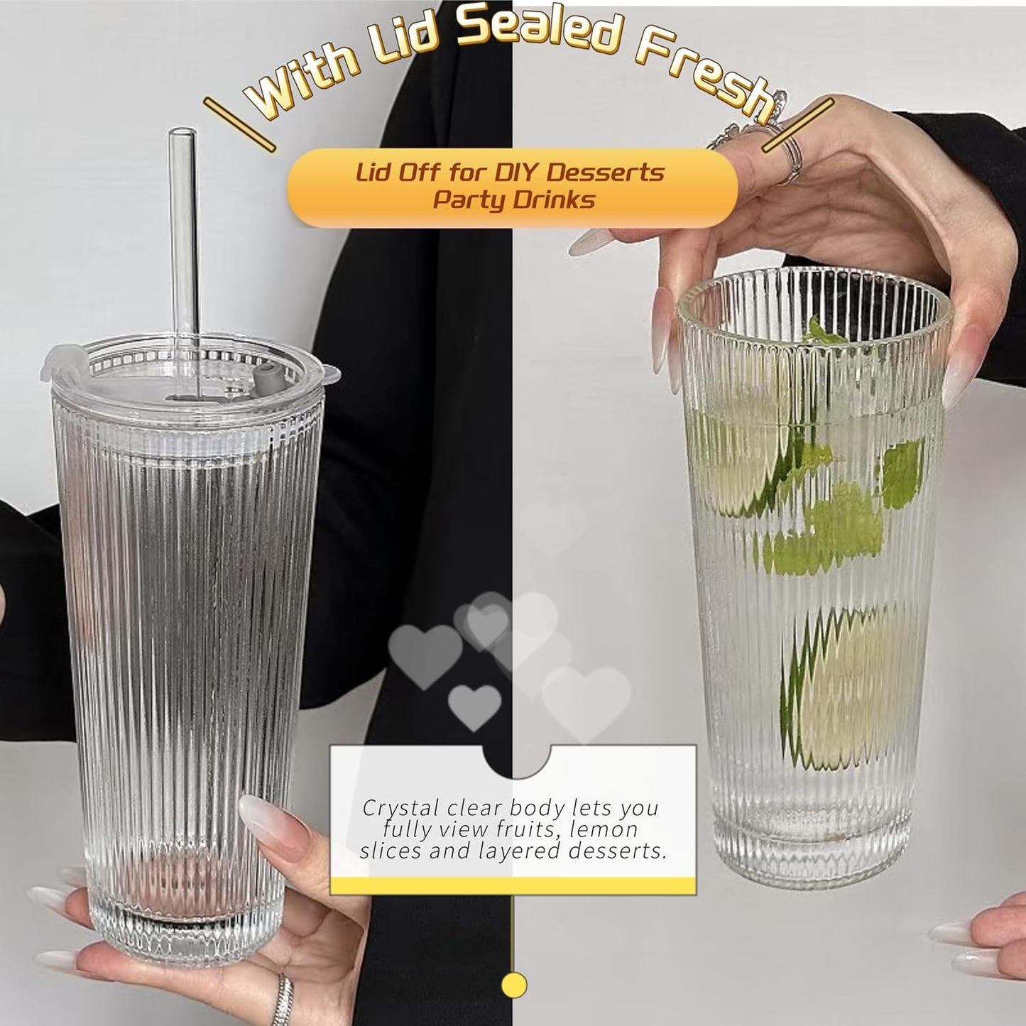 Tall Vertical Ribbed Glass Tumbler with Lid and Straw, 530ml Large Capacity Clear & Smoke Gray Drinking Cup for Iced Coffee, Latte, Water, Home Office Daily Use (RIB-GLASS-TUMBLER-SMOKEGRAY)