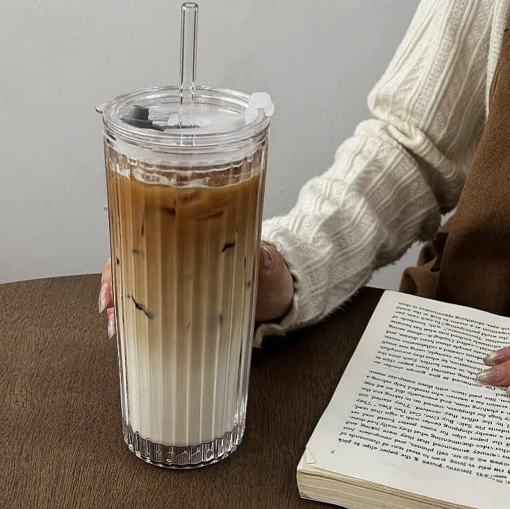 Tall Vertical Ribbed Glass Tumbler with Lid and Straw, 530ml Large Capacity Clear & Smoke Gray Drinking Cup for Iced Coffee, Latte, Water, Home Office Daily Use (RIB-GLASS-TUMBLER-SMOKEGRAY)