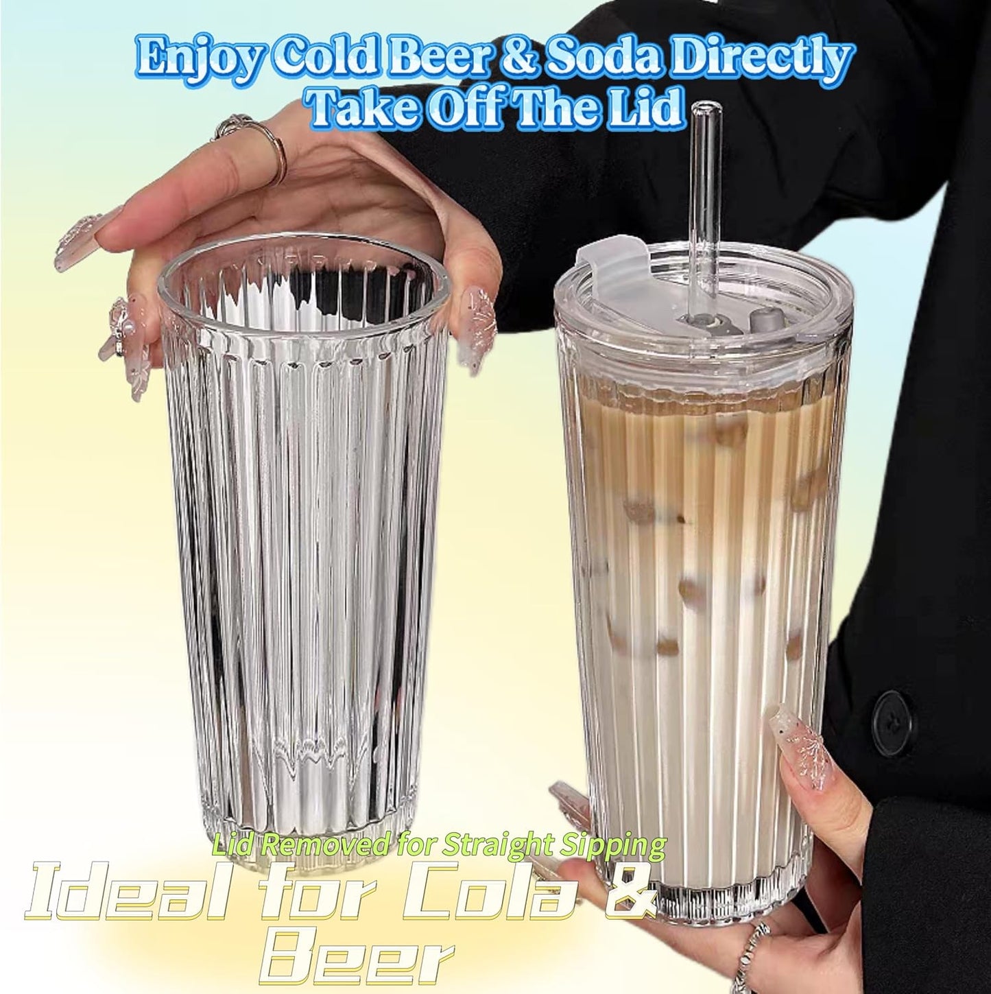 Tall Vertical Ribbed Glass Tumbler with Lid and Straw, 530ml Large Capacity Clear & Smoke Gray Drinking Cup for Iced Coffee, Latte, Water, Home Office Daily Use (RIB-GLASS-TUMBLER-SMOKEGRAY)