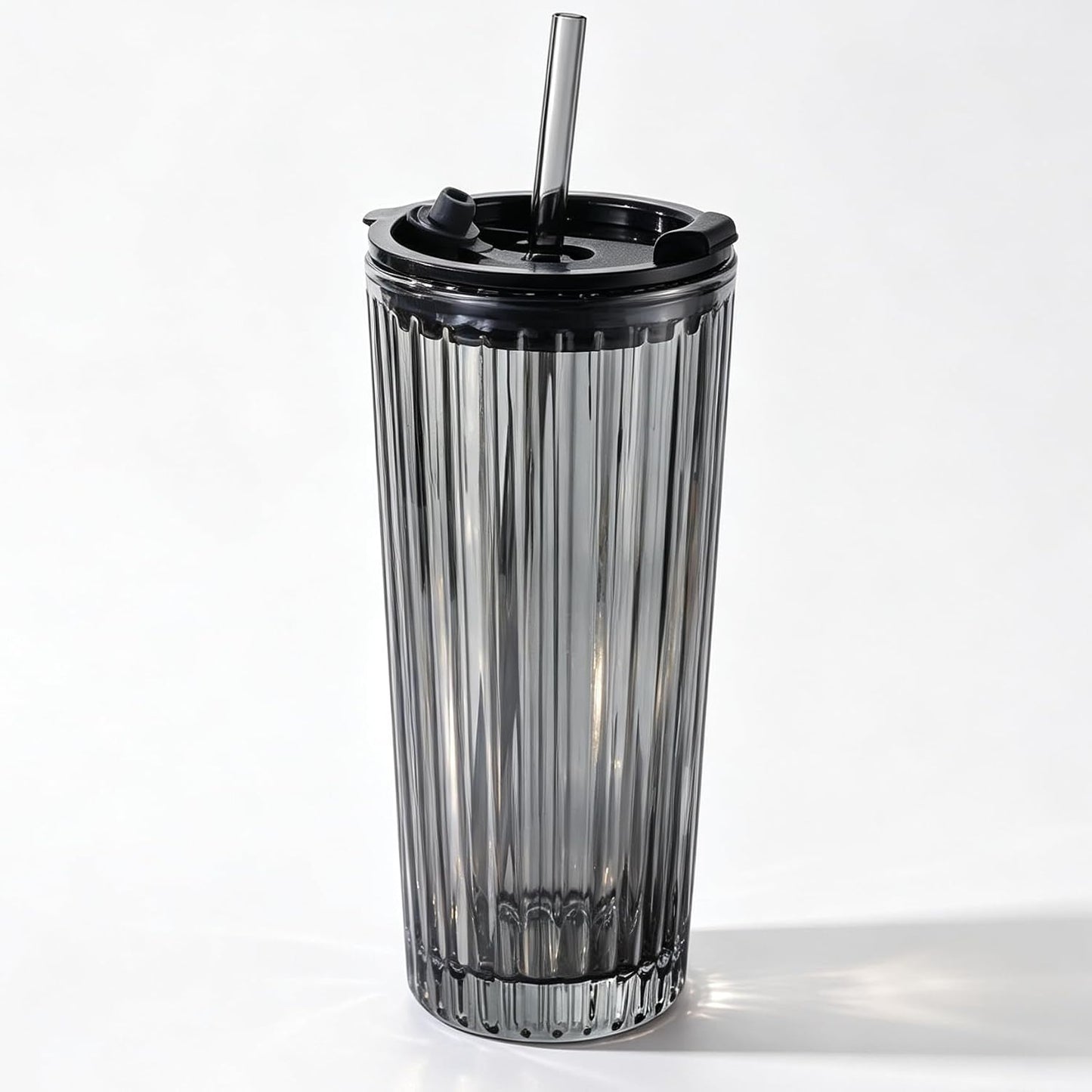 Tall Vertical Ribbed Glass Tumbler with Lid and Straw, 530ml Large Capacity Clear & Smoke Gray Drinking Cup for Iced Coffee, Latte, Water, Home Office Daily Use (RIB-GLASS-TUMBLER-SMOKEGRAY)