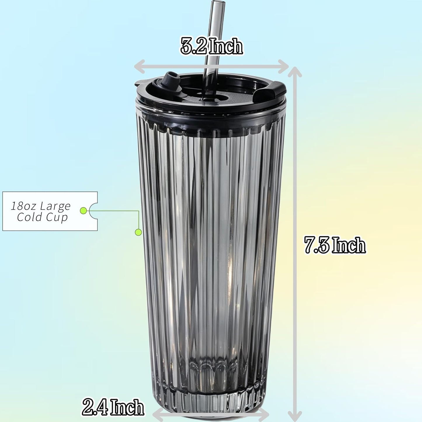 Tall Vertical Ribbed Glass Tumbler with Lid and Straw, 530ml Large Capacity Clear & Smoke Gray Drinking Cup for Iced Coffee, Latte, Water, Home Office Daily Use (RIB-GLASS-TUMBLER-SMOKEGRAY)