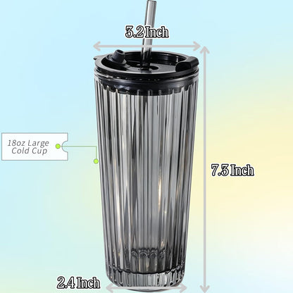 Tall Vertical Ribbed Glass Tumbler with Lid and Straw, 530ml Large Capacity Clear & Smoke Gray Drinking Cup for Iced Coffee, Latte, Water, Home Office Daily Use (RIB-GLASS-TUMBLER-SMOKEGRAY)