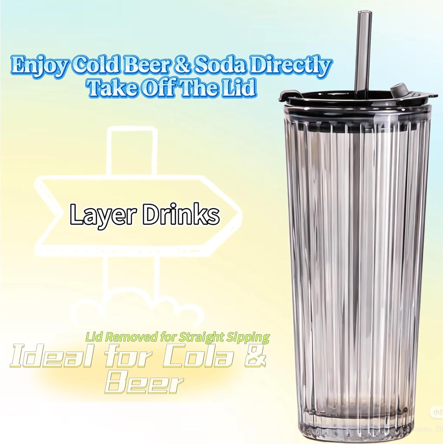 Tall Vertical Ribbed Glass Tumbler with Lid and Straw, 530ml Large Capacity Clear & Smoke Gray Drinking Cup for Iced Coffee, Latte, Water, Home Office Daily Use (RIB-GLASS-TUMBLER-SMOKEGRAY)