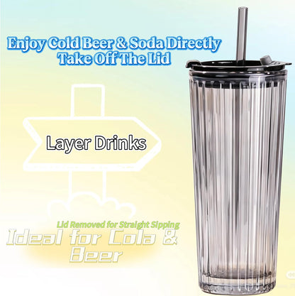Tall Vertical Ribbed Glass Tumbler with Lid and Straw, 530ml Large Capacity Clear & Smoke Gray Drinking Cup for Iced Coffee, Latte, Water, Home Office Daily Use (RIB-GLASS-TUMBLER-SMOKEGRAY)