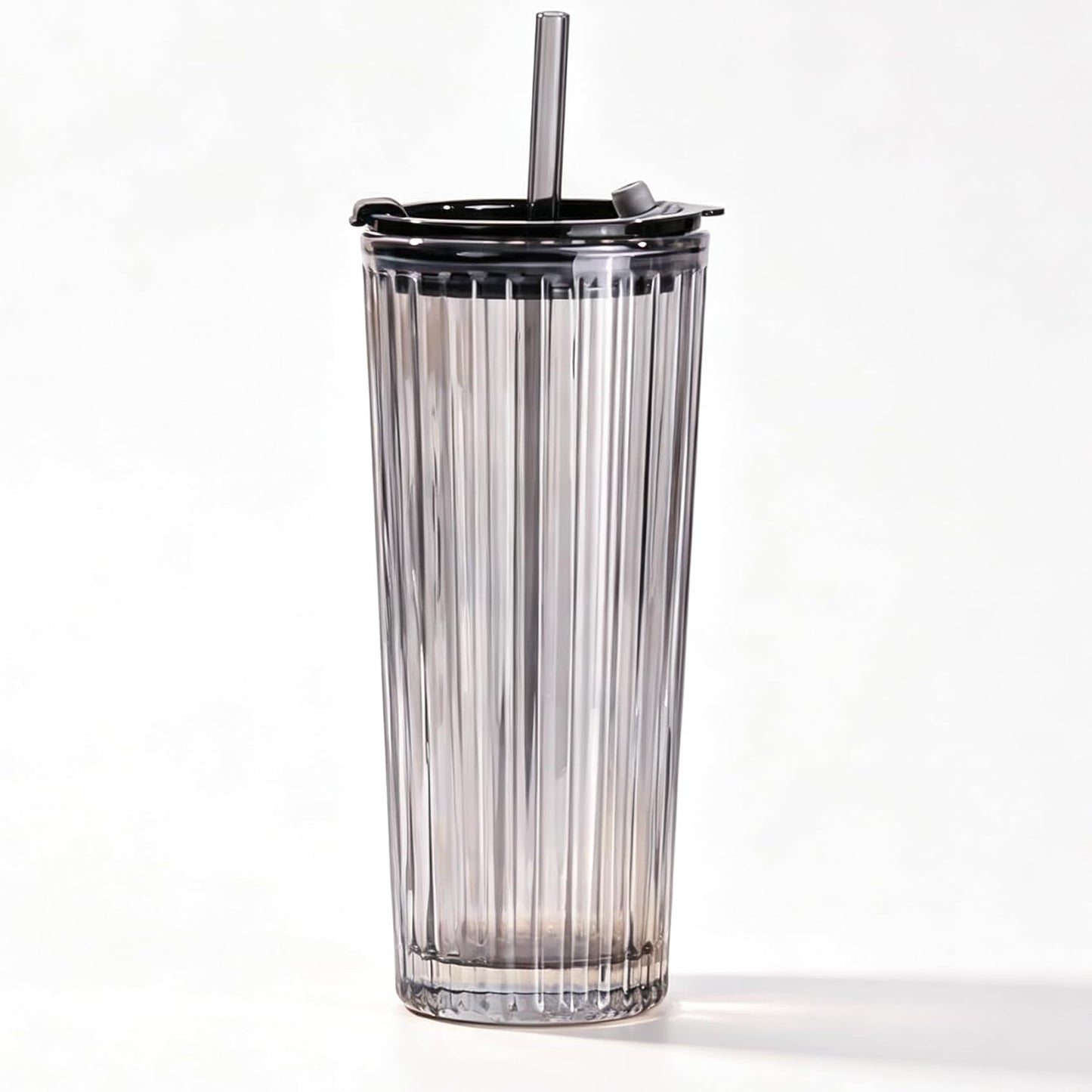 Tall Vertical Ribbed Glass Tumbler with Lid and Straw, 530ml Large Capacity Clear & Smoke Gray Drinking Cup for Iced Coffee, Latte, Water, Home Office Daily Use (RIB-GLASS-TUMBLER-SMOKEGRAY)