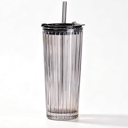 Tall Vertical Ribbed Glass Tumbler with Lid and Straw, 530ml Large Capacity Clear & Smoke Gray Drinking Cup for Iced Coffee, Latte, Water, Home Office Daily Use (RIB-GLASS-TUMBLER-SMOKEGRAY)