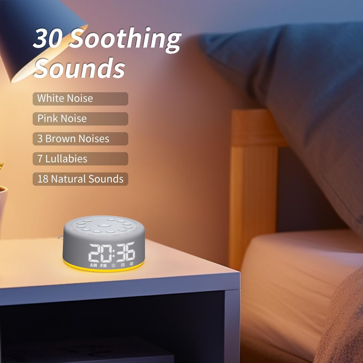 Plug-in Sound White Noise Machine Brown Noise Machine & Alarm Clock with Rechargeable Backup Battery Night Light Dual Alarms 30 Sleeping Sounds for Baby Kids Adults 5 Timers 15 Wake Up Sounds & Memory