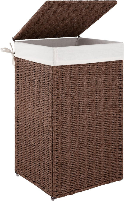 OIAHOMY Laundry Hamper with Lid, 90L(23.8 Gal) Large Wicker Laundry Basket for Bedroom, Handwoven Paper Rope Clothes Hamper with Washable Liner & Metal Frame, Decorative Organizer for Bathroom Grey