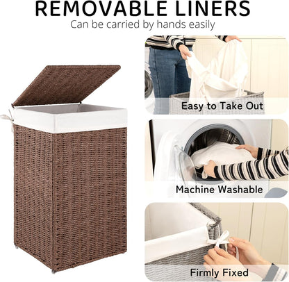OIAHOMY Laundry Hamper with Lid, 90L(23.8 Gal) Large Wicker Laundry Basket for Bedroom, Handwoven Paper Rope Clothes Hamper with Washable Liner & Metal Frame, Decorative Organizer for Bathroom Grey