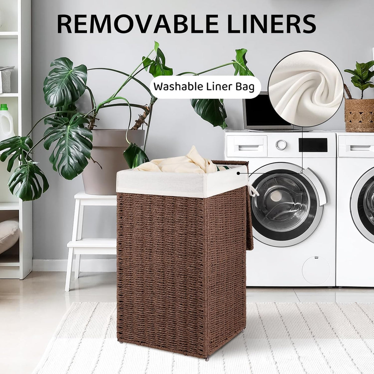 OIAHOMY Laundry Hamper with Lid, 90L(23.8 Gal) Large Wicker Laundry Basket for Bedroom, Handwoven Paper Rope Clothes Hamper with Washable Liner & Metal Frame, Decorative Organizer for Bathroom Grey