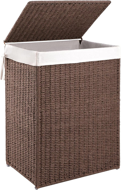 OIAHOMY Laundry Hamper with Lid, 90L(23.8 Gal) Large Wicker Laundry Basket for Bedroom, Handwoven Paper Rope Clothes Hamper with Washable Liner & Metal Frame, Decorative Organizer for Bathroom Grey