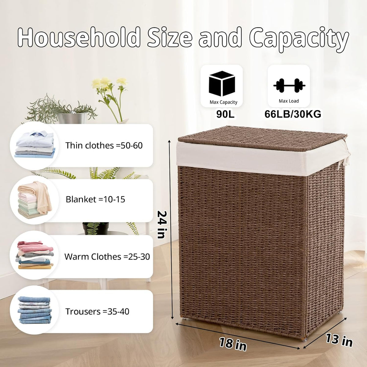 OIAHOMY Laundry Hamper with Lid, 90L(23.8 Gal) Large Wicker Laundry Basket for Bedroom, Handwoven Paper Rope Clothes Hamper with Washable Liner & Metal Frame, Decorative Organizer for Bathroom Grey