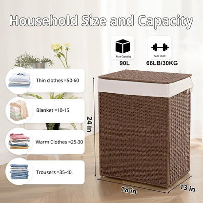 OIAHOMY Laundry Hamper with Lid, 90L(23.8 Gal) Large Wicker Laundry Basket for Bedroom, Handwoven Paper Rope Clothes Hamper with Washable Liner & Metal Frame, Decorative Organizer for Bathroom Grey