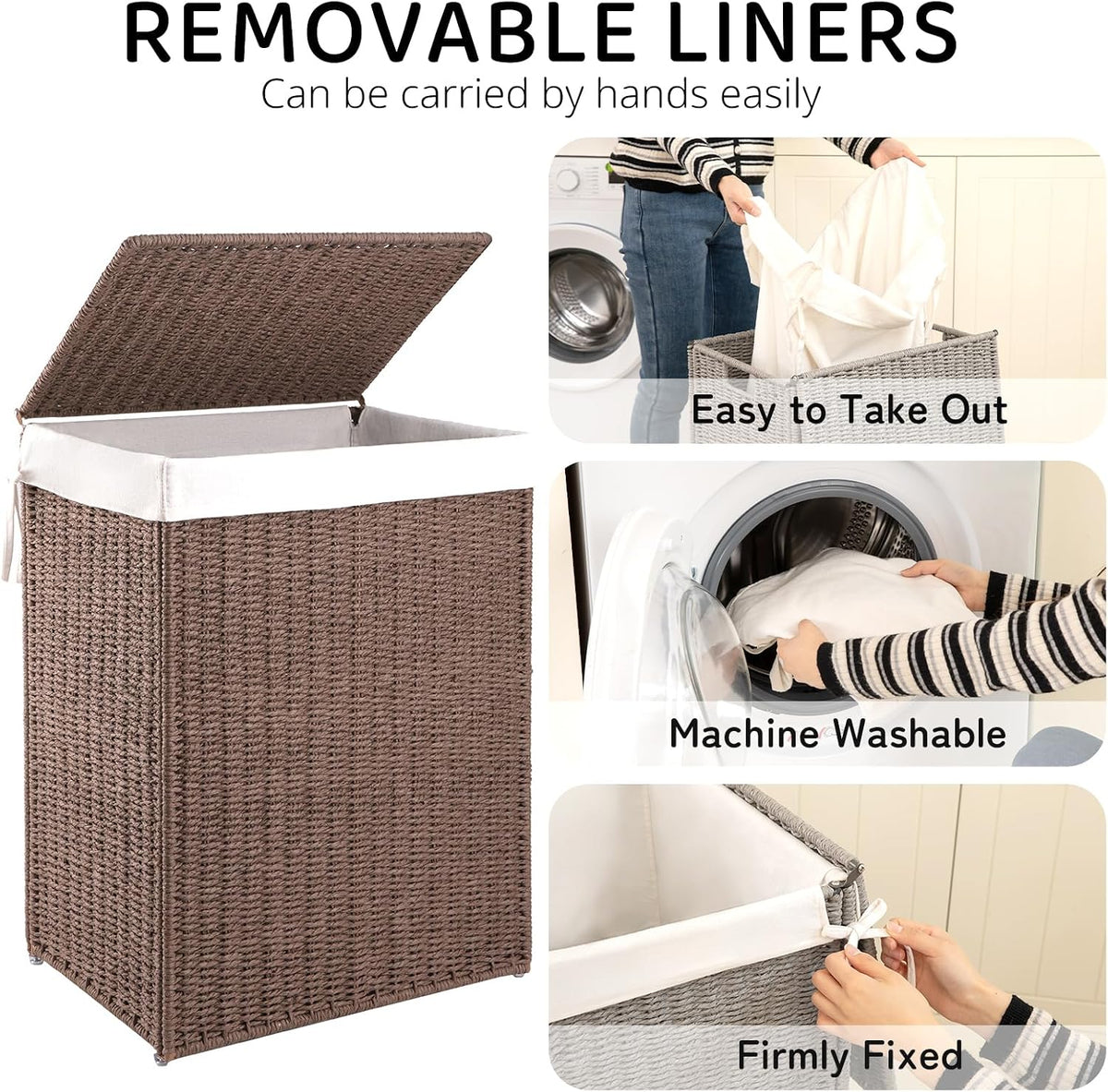 OIAHOMY Laundry Hamper with Lid, 90L(23.8 Gal) Large Wicker Laundry Basket for Bedroom, Handwoven Paper Rope Clothes Hamper with Washable Liner & Metal Frame, Decorative Organizer for Bathroom Grey