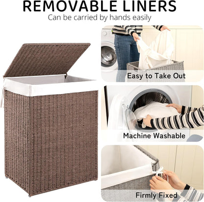 OIAHOMY Laundry Hamper with Lid, 90L(23.8 Gal) Large Wicker Laundry Basket for Bedroom, Handwoven Paper Rope Clothes Hamper with Washable Liner & Metal Frame, Decorative Organizer for Bathroom Grey