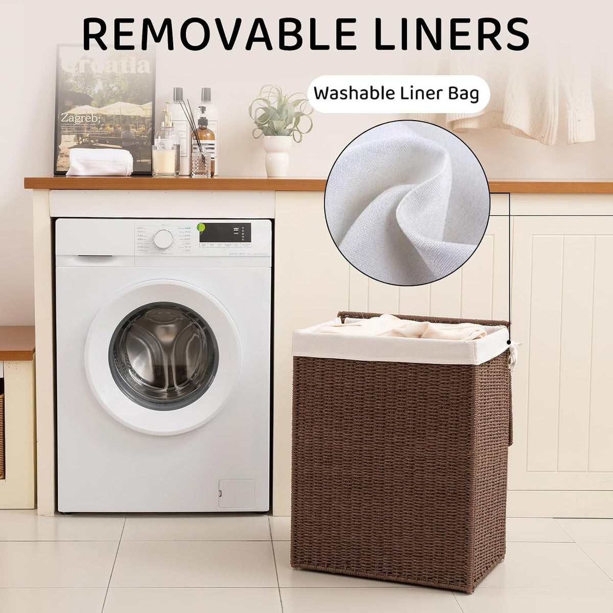 OIAHOMY Laundry Hamper with Lid, 90L(23.8 Gal) Large Wicker Laundry Basket for Bedroom, Handwoven Paper Rope Clothes Hamper with Washable Liner & Metal Frame, Decorative Organizer for Bathroom Grey