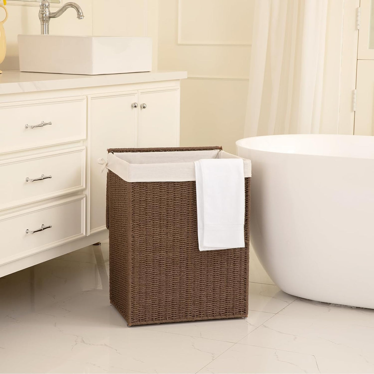 OIAHOMY Laundry Hamper with Lid, 90L(23.8 Gal) Large Wicker Laundry Basket for Bedroom, Handwoven Paper Rope Clothes Hamper with Washable Liner & Metal Frame, Decorative Organizer for Bathroom Grey