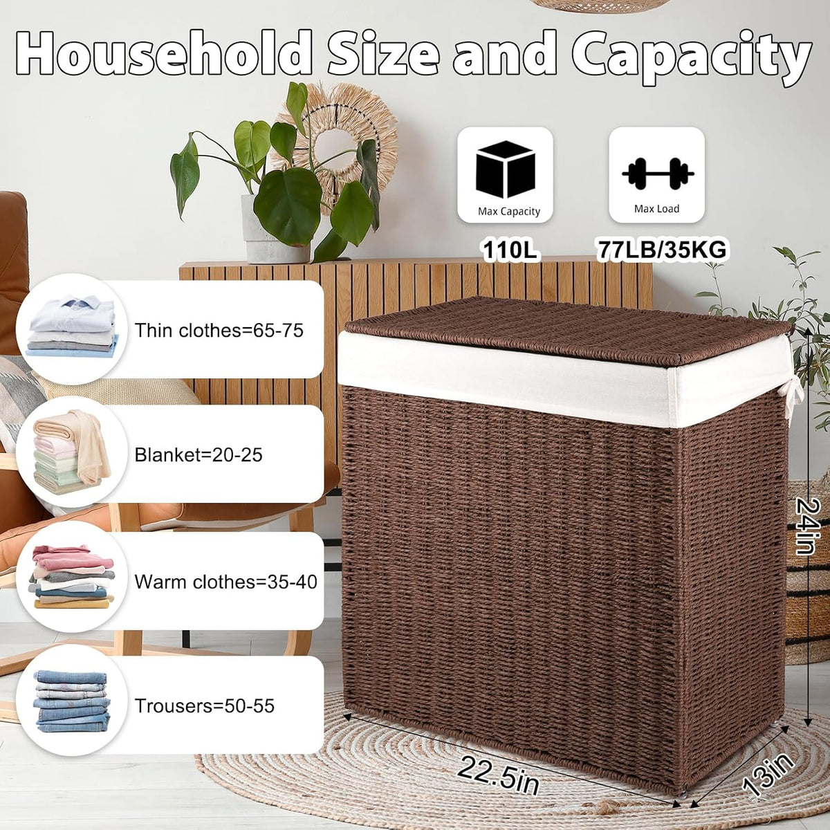 OIAHOMY Laundry Hamper with Lid, 90L(23.8 Gal) Large Wicker Laundry Basket for Bedroom, Handwoven Paper Rope Clothes Hamper with Washable Liner & Metal Frame, Decorative Organizer for Bathroom Grey