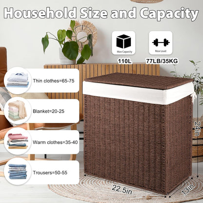 OIAHOMY Laundry Hamper with Lid, 90L(23.8 Gal) Large Wicker Laundry Basket for Bedroom, Handwoven Paper Rope Clothes Hamper with Washable Liner & Metal Frame, Decorative Organizer for Bathroom Grey