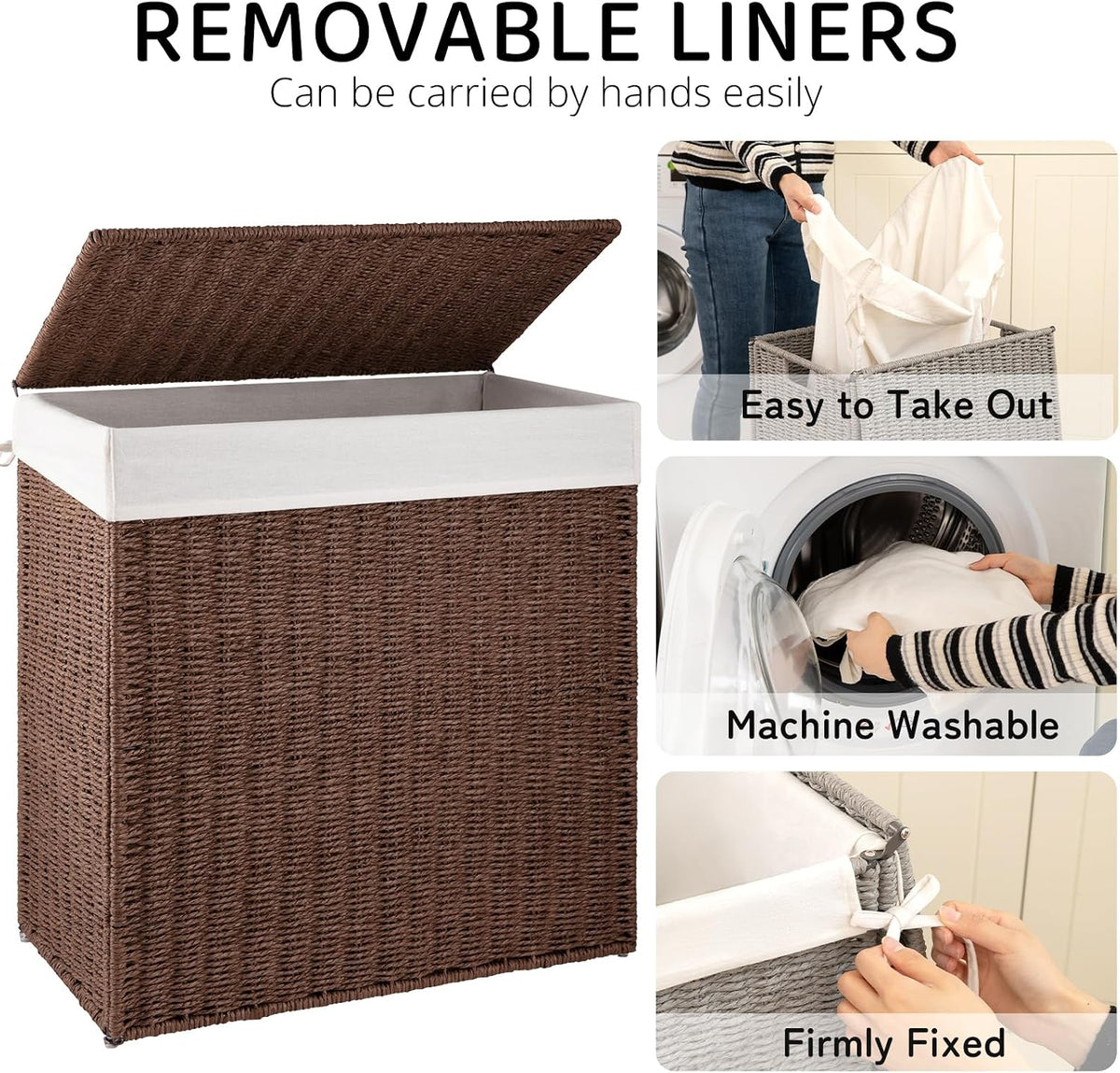 OIAHOMY Laundry Hamper with Lid, 90L(23.8 Gal) Large Wicker Laundry Basket for Bedroom, Handwoven Paper Rope Clothes Hamper with Washable Liner & Metal Frame, Decorative Organizer for Bathroom Grey