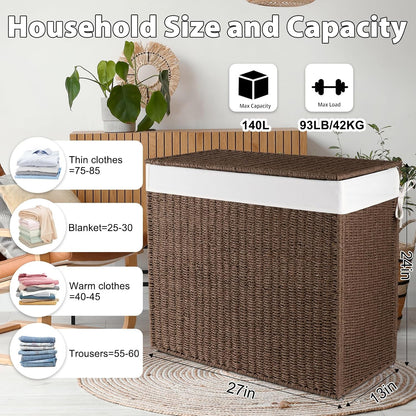 OIAHOMY Laundry Hamper with Lid, 90L(23.8 Gal) Large Wicker Laundry Basket for Bedroom, Handwoven Paper Rope Clothes Hamper with Washable Liner & Metal Frame, Decorative Organizer for Bathroom Grey