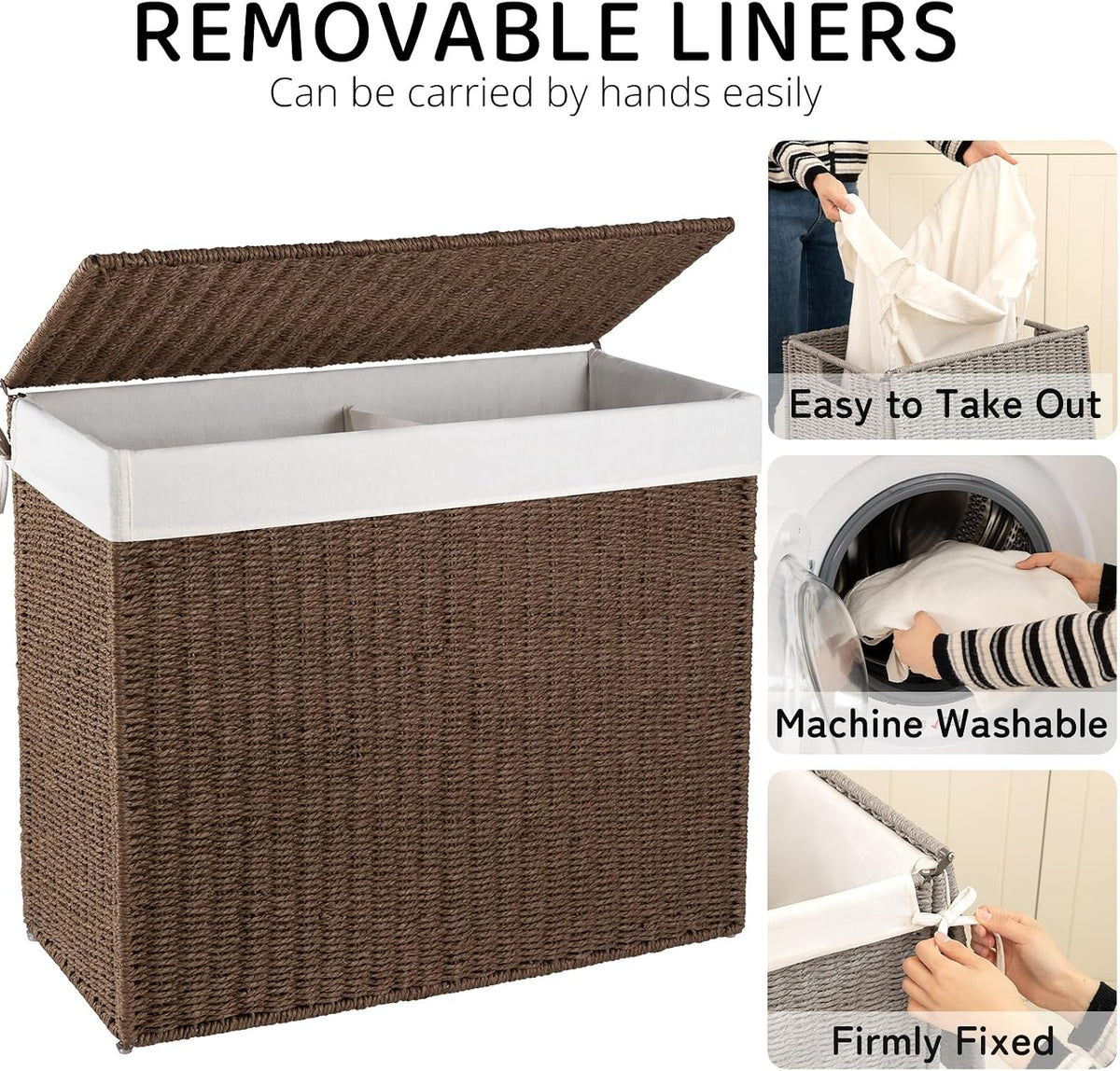 OIAHOMY Laundry Hamper with Lid, 90L(23.8 Gal) Large Wicker Laundry Basket for Bedroom, Handwoven Paper Rope Clothes Hamper with Washable Liner & Metal Frame, Decorative Organizer for Bathroom Grey