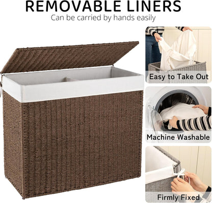 OIAHOMY Laundry Hamper with Lid, 90L(23.8 Gal) Large Wicker Laundry Basket for Bedroom, Handwoven Paper Rope Clothes Hamper with Washable Liner & Metal Frame, Decorative Organizer for Bathroom Grey