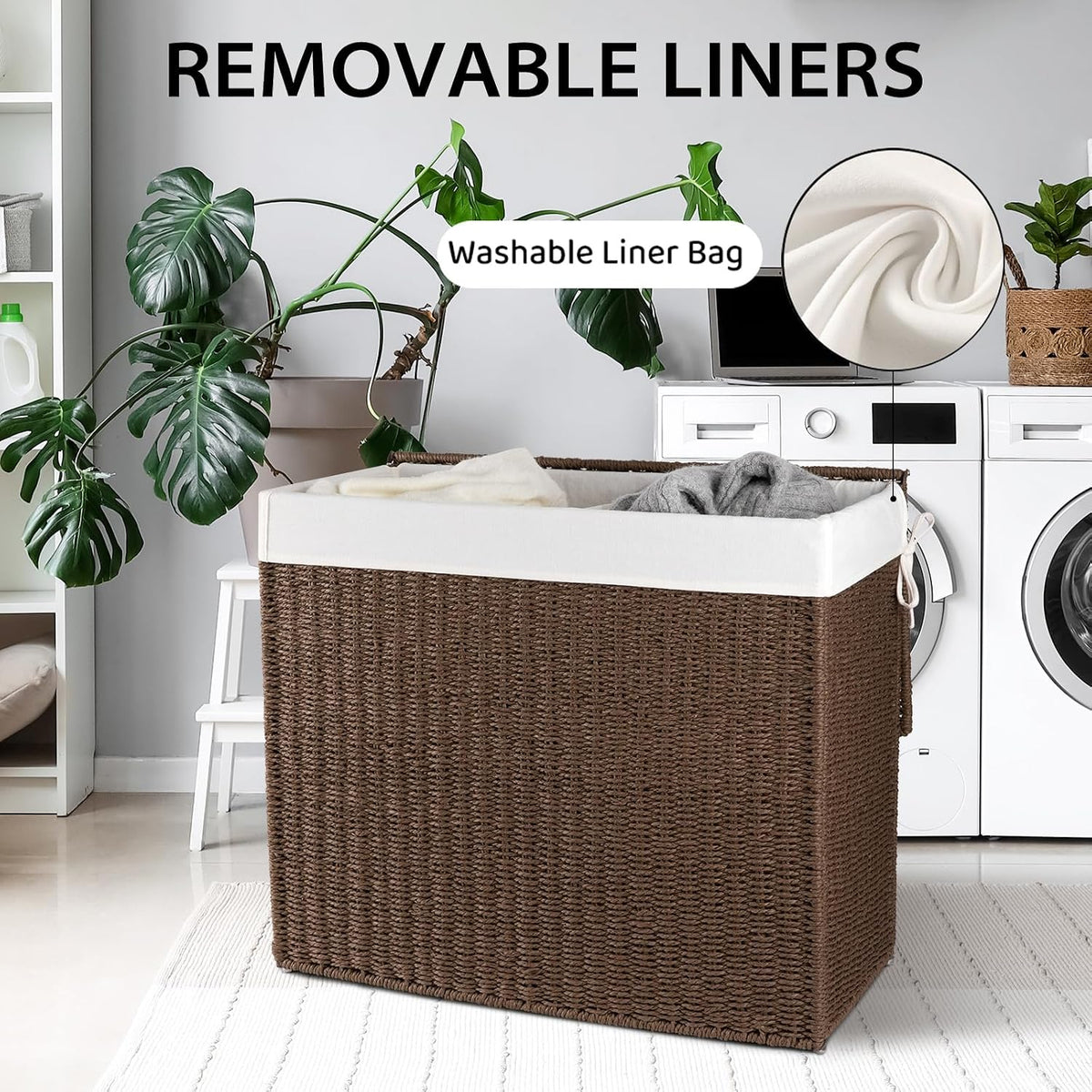 OIAHOMY Laundry Hamper with Lid, 90L(23.8 Gal) Large Wicker Laundry Basket for Bedroom, Handwoven Paper Rope Clothes Hamper with Washable Liner & Metal Frame, Decorative Organizer for Bathroom Grey