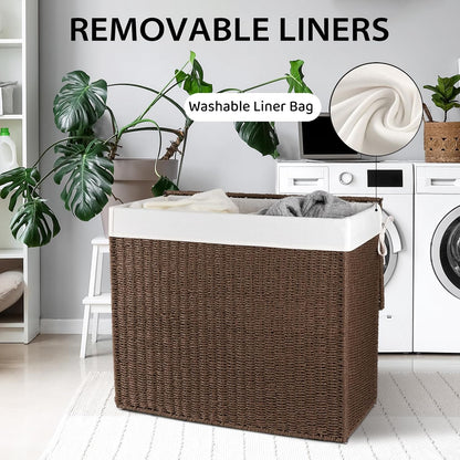 OIAHOMY Laundry Hamper with Lid, 90L(23.8 Gal) Large Wicker Laundry Basket for Bedroom, Handwoven Paper Rope Clothes Hamper with Washable Liner & Metal Frame, Decorative Organizer for Bathroom Grey