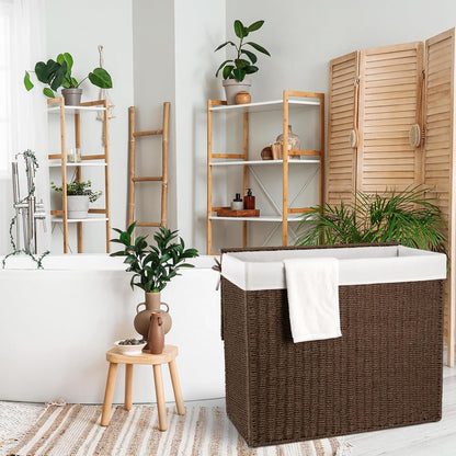 OIAHOMY Laundry Hamper with Lid, 90L(23.8 Gal) Large Wicker Laundry Basket for Bedroom, Handwoven Paper Rope Clothes Hamper with Washable Liner & Metal Frame, Decorative Organizer for Bathroom Grey
