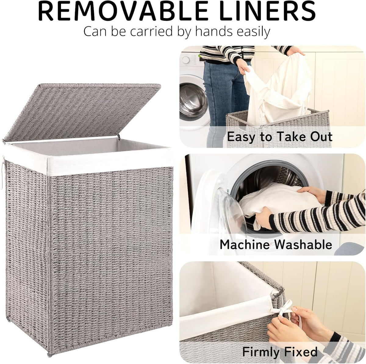 OIAHOMY Laundry Hamper with Lid, 90L(23.8 Gal) Large Wicker Laundry Basket for Bedroom, Handwoven Paper Rope Clothes Hamper with Washable Liner & Metal Frame, Decorative Organizer for Bathroom Grey