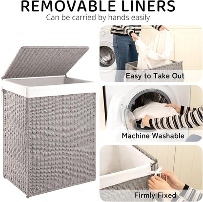 OIAHOMY Laundry Hamper with Lid, 90L(23.8 Gal) Large Wicker Laundry Basket for Bedroom, Handwoven Paper Rope Clothes Hamper with Washable Liner & Metal Frame, Decorative Organizer for Bathroom Grey