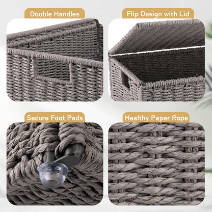 OIAHOMY Laundry Hamper with Lid, 90L(23.8 Gal) Large Wicker Laundry Basket for Bedroom, Handwoven Paper Rope Clothes Hamper with Washable Liner & Metal Frame, Decorative Organizer for Bathroom Grey