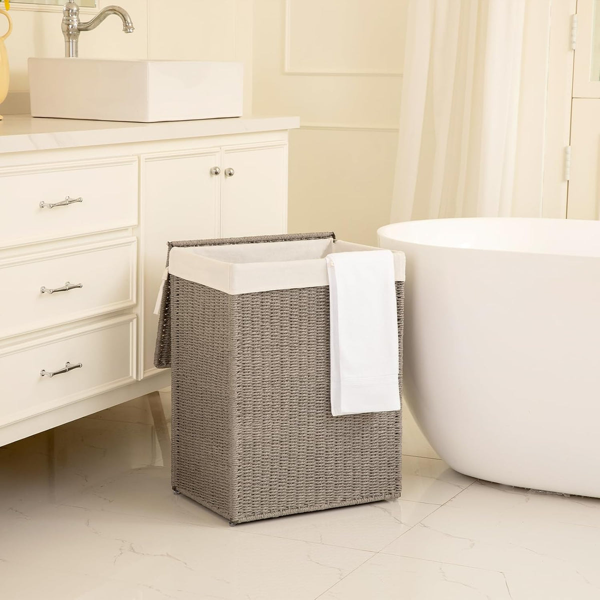 OIAHOMY Laundry Hamper with Lid, 90L(23.8 Gal) Large Wicker Laundry Basket for Bedroom, Handwoven Paper Rope Clothes Hamper with Washable Liner & Metal Frame, Decorative Organizer for Bathroom Grey