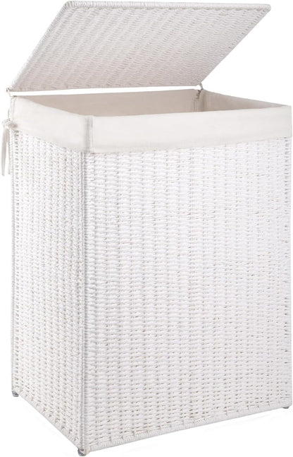 OIAHOMY Laundry Hamper with Lid, 90L(23.8 Gal) Large Wicker Laundry Basket for Bedroom, Handwoven Paper Rope Clothes Hamper with Washable Liner & Metal Frame, Decorative Organizer for Bathroom Grey