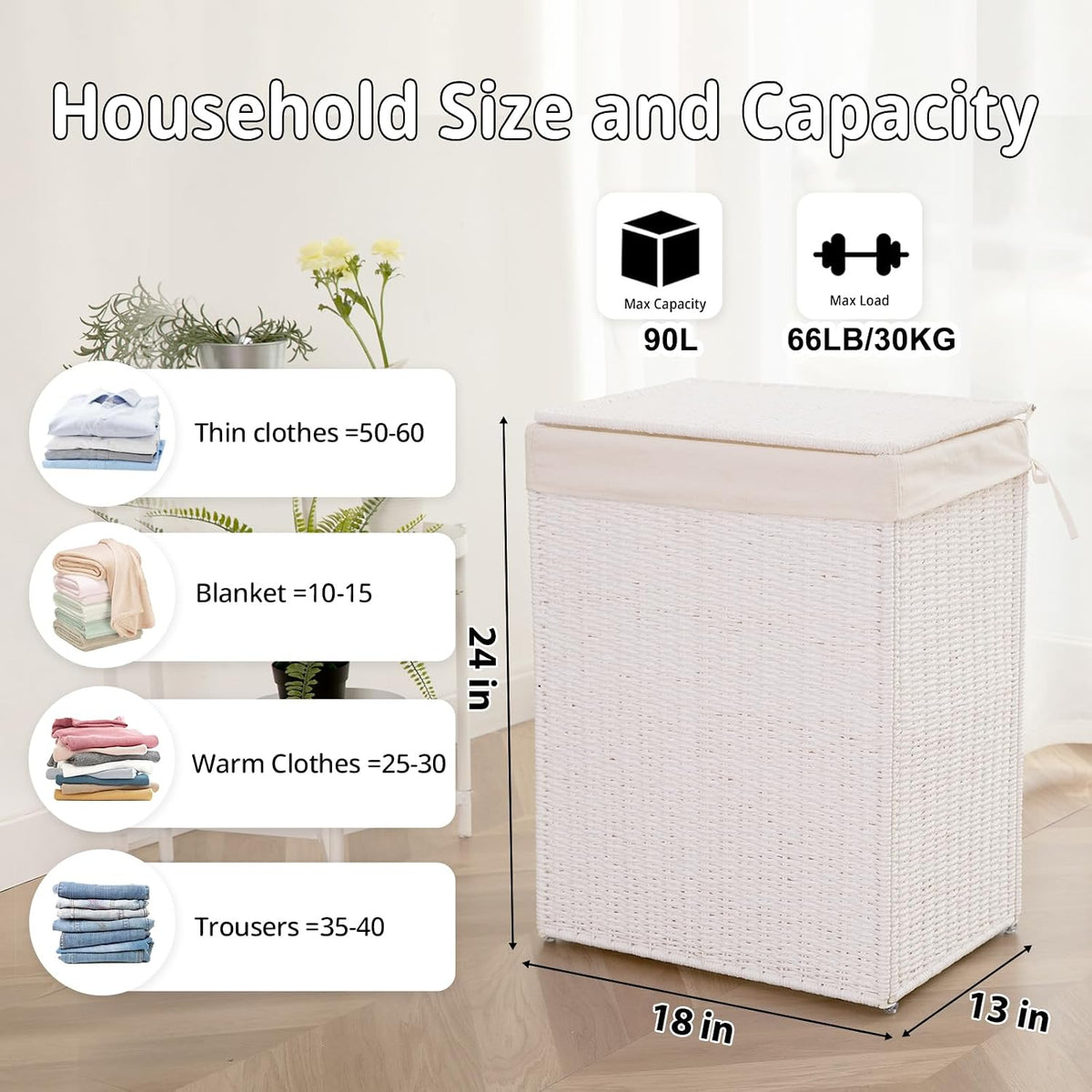 OIAHOMY Laundry Hamper with Lid, 90L(23.8 Gal) Large Wicker Laundry Basket for Bedroom, Handwoven Paper Rope Clothes Hamper with Washable Liner & Metal Frame, Decorative Organizer for Bathroom Grey