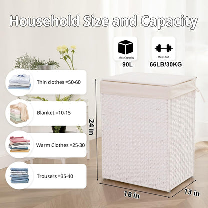OIAHOMY Laundry Hamper with Lid, 90L(23.8 Gal) Large Wicker Laundry Basket for Bedroom, Handwoven Paper Rope Clothes Hamper with Washable Liner & Metal Frame, Decorative Organizer for Bathroom Grey
