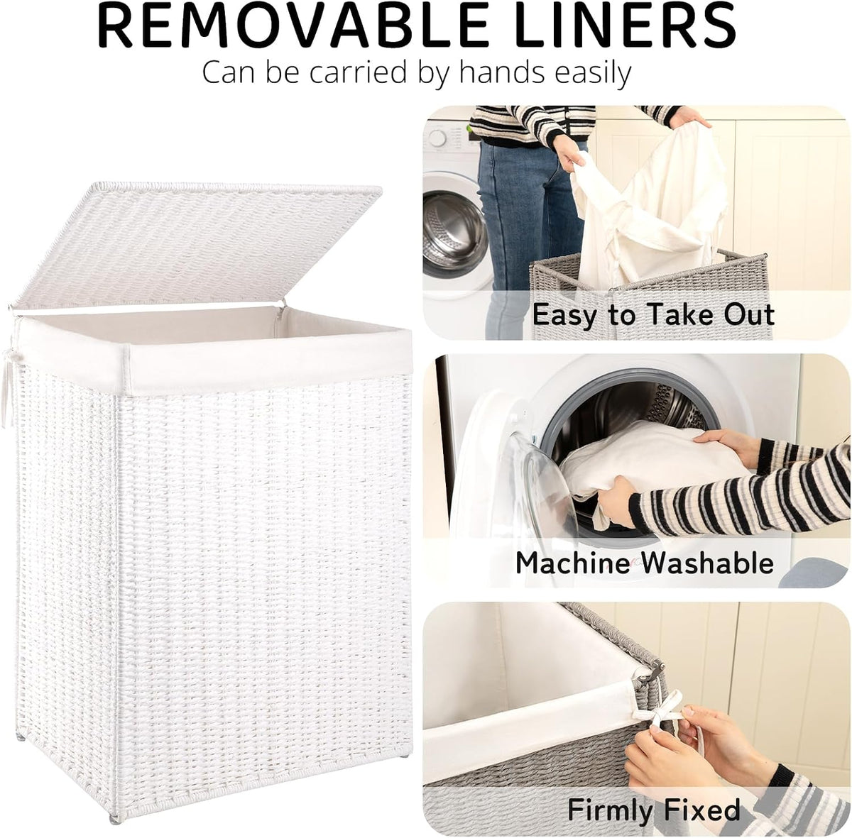 OIAHOMY Laundry Hamper with Lid, 90L(23.8 Gal) Large Wicker Laundry Basket for Bedroom, Handwoven Paper Rope Clothes Hamper with Washable Liner & Metal Frame, Decorative Organizer for Bathroom Grey