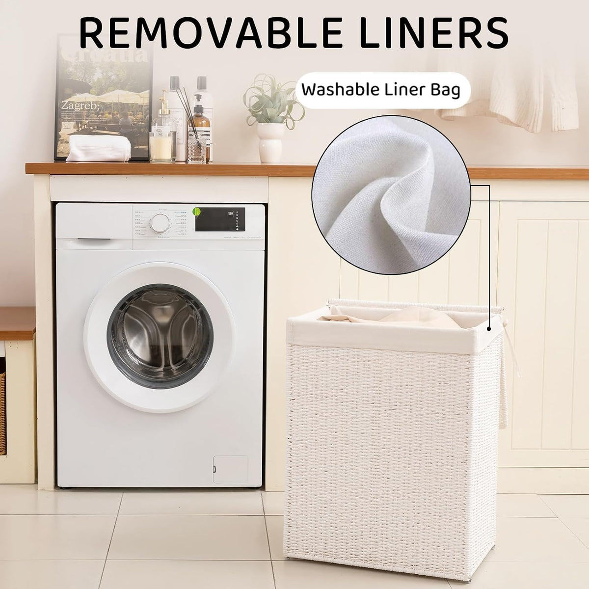 OIAHOMY Laundry Hamper with Lid, 90L(23.8 Gal) Large Wicker Laundry Basket for Bedroom, Handwoven Paper Rope Clothes Hamper with Washable Liner & Metal Frame, Decorative Organizer for Bathroom Grey