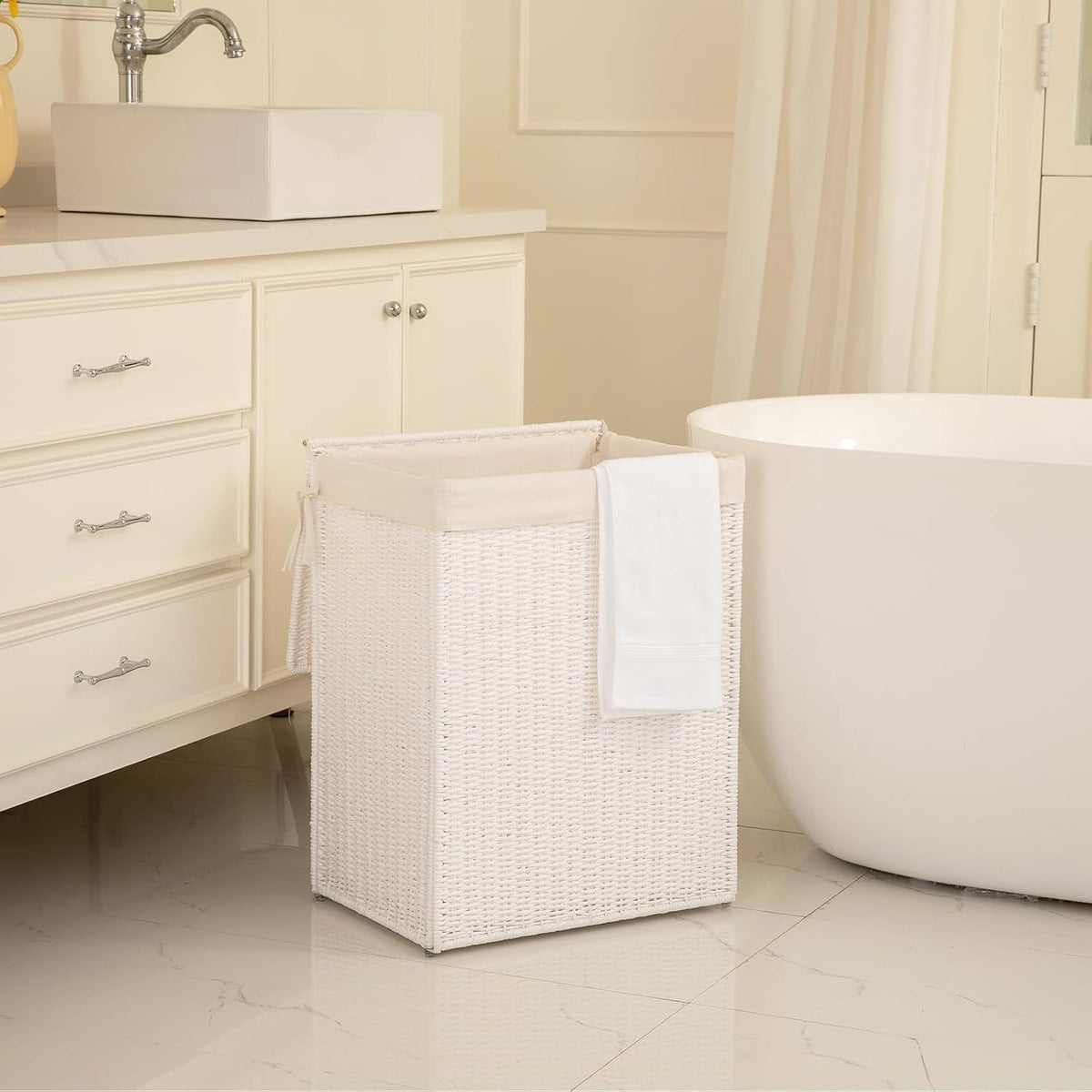 OIAHOMY Laundry Hamper with Lid, 90L(23.8 Gal) Large Wicker Laundry Basket for Bedroom, Handwoven Paper Rope Clothes Hamper with Washable Liner & Metal Frame, Decorative Organizer for Bathroom Grey