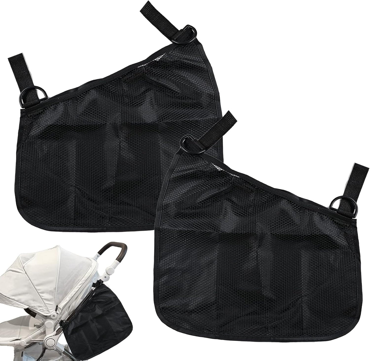 2 Pcs Side Sling Stroller Cargo Net,Universal Stroller Organizer Attachment Bag for Storage,Non-Slip and Adjustable Straps Portable Side Sling Storage Mesh Organizer(Black)