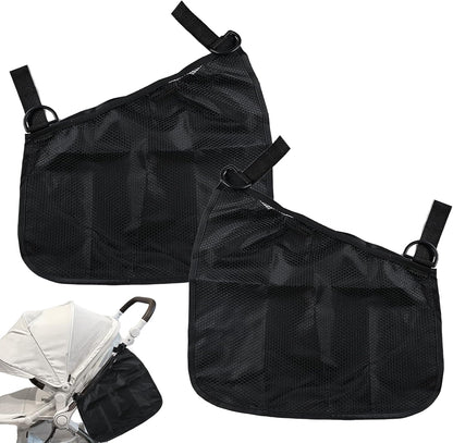 2 Pcs Side Sling Stroller Cargo Net,Universal Stroller Organizer Attachment Bag for Storage,Non-Slip and Adjustable Straps Portable Side Sling Storage Mesh Organizer(Black)