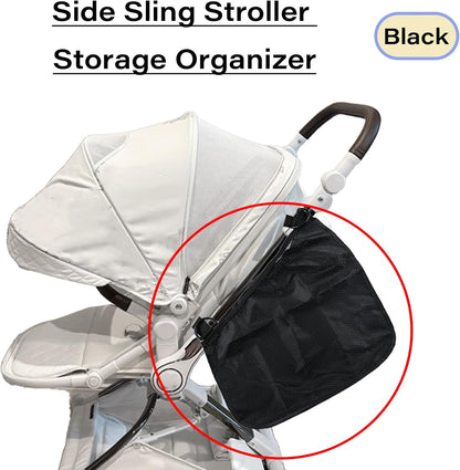 2 Pcs Side Sling Stroller Cargo Net,Universal Stroller Organizer Attachment Bag for Storage,Non-Slip and Adjustable Straps Portable Side Sling Storage Mesh Organizer(Black)