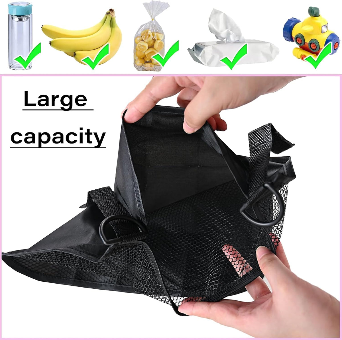 2 Pcs Side Sling Stroller Cargo Net,Universal Stroller Organizer Attachment Bag for Storage,Non-Slip and Adjustable Straps Portable Side Sling Storage Mesh Organizer(Black)