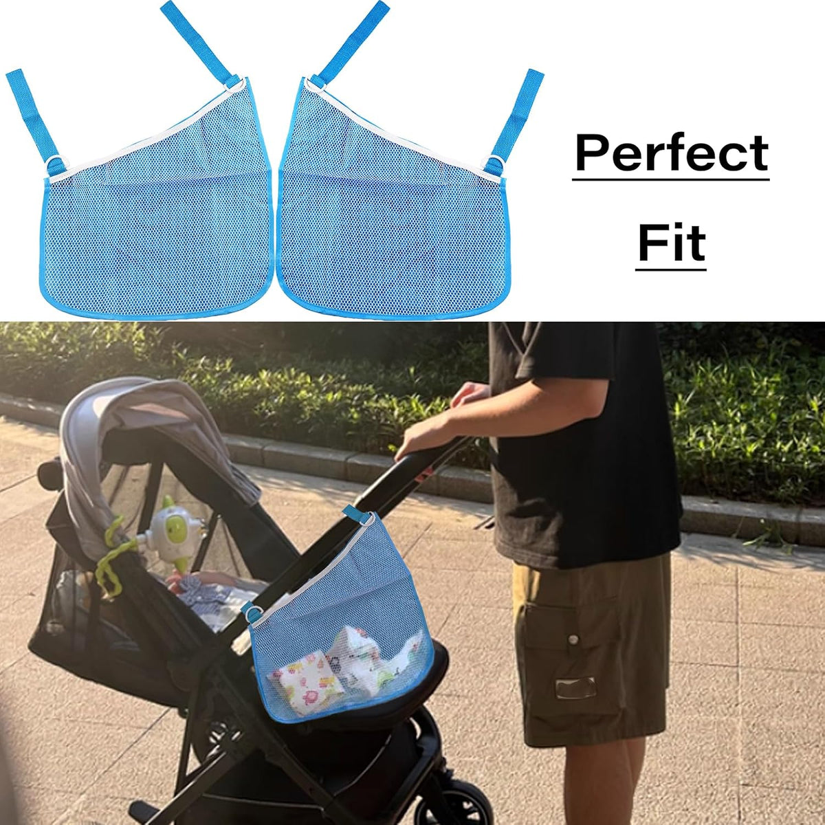 2 Pcs Side Sling Stroller Cargo Net,Universal Stroller Organizer Attachment Bag for Storage,Non-Slip and Adjustable Straps Portable Side Sling Storage Mesh Organizer(Black)