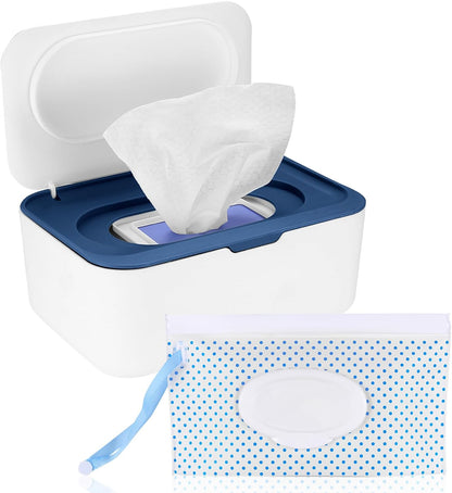 Wet Wipes Dispenser Box, Napkin Storage Holder Container Box, Dustproof Toilet Tissue Paper Box with Lid, Baby Wipes Dispenser for Home Office Desk, with a Mask Storage Organizer Case Box (Blue)
