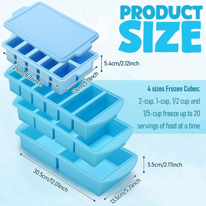 4 Pack Silicone Freezer Trays with Lid, 1/5, 1/2, 1, and 2 Cup Soup Freezer Molds Set Stainless Steel Frame Ice Cube Tray for Meal Prep Freezing Soup Stews Sauces Oven Microwave Safe(Blue)