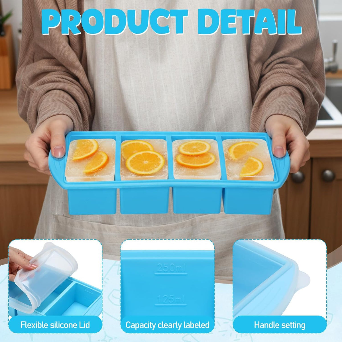 4 Pack Silicone Freezer Trays with Lid, 1/5, 1/2, 1, and 2 Cup Soup Freezer Molds Set Stainless Steel Frame Ice Cube Tray for Meal Prep Freezing Soup Stews Sauces Oven Microwave Safe(Blue)